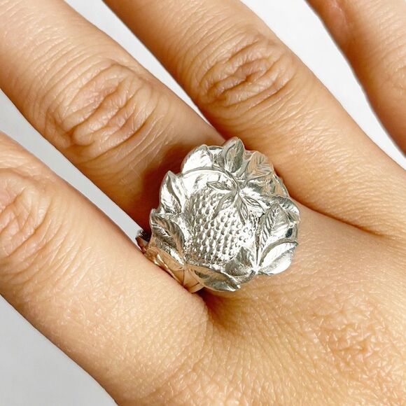 Sterling Silver Strawberry Spoon Adjustable Statement Ring - Picture 1 of 3